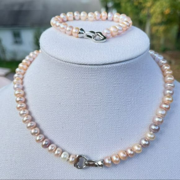 Multicolor Cultured Freshwater Pearl Necklace Bracelet Set Heart Shaped‎ Clasp - Picture 7 of 10